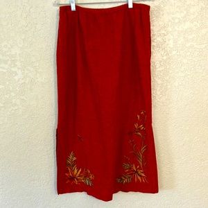 Vintage Linen blend embroidered maxi skirt side slits elastic waist pockets